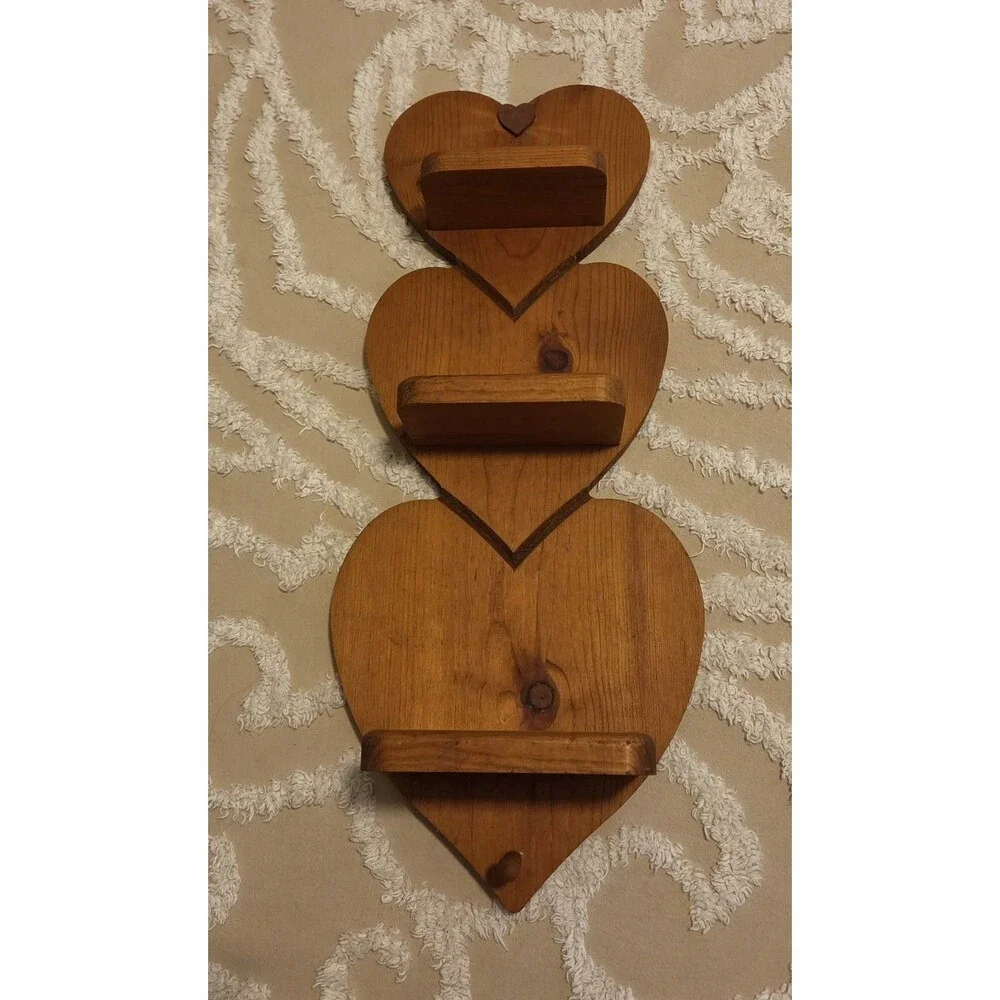Vintage 3 Tier Wooden Heart Shaped Wall Shelf With Peg Cottagecore 19